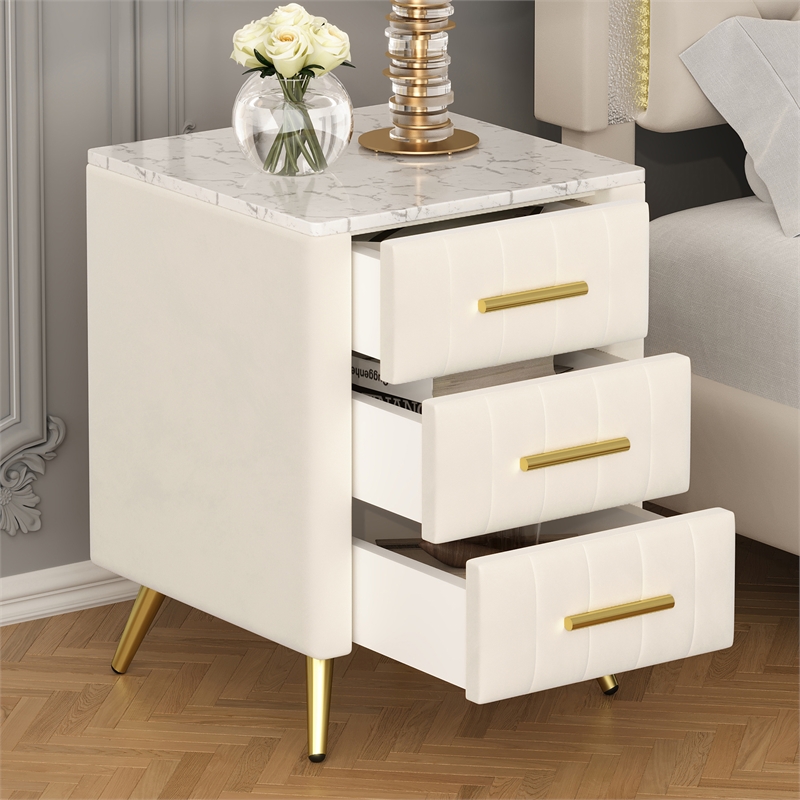 Pemberly Row Beige 3-Drawer Nightstand with Metal Legs and Marbling Top
