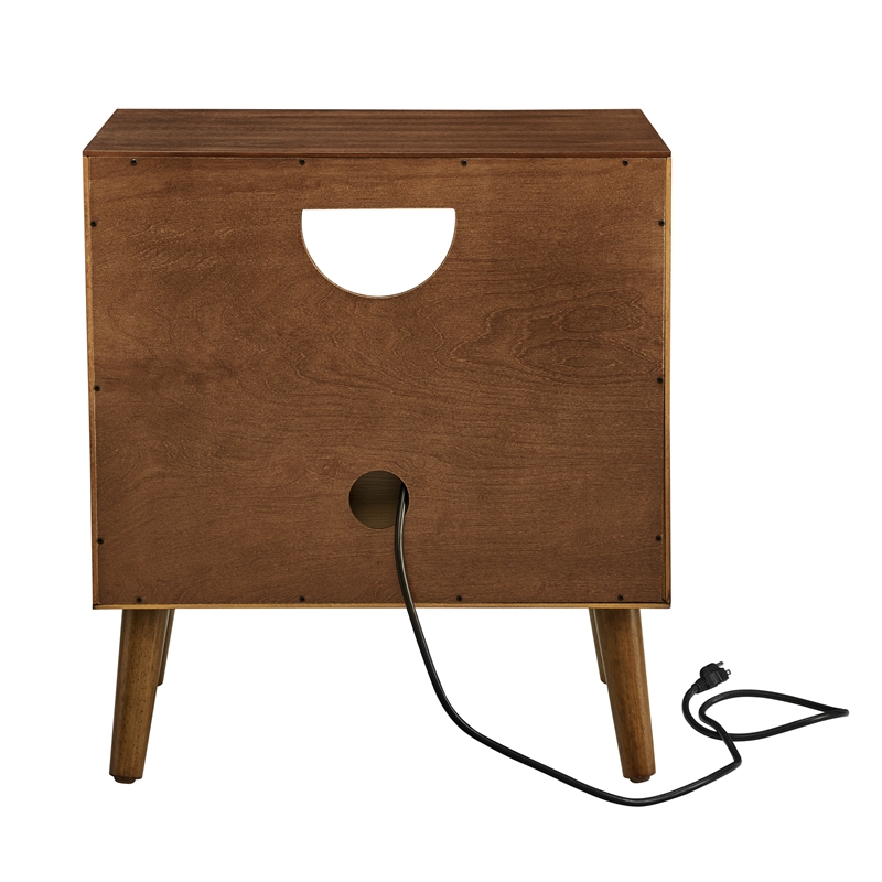 Pemberly Row Brown Wood Nightstand with USB Ports Drawer and Open Shelf