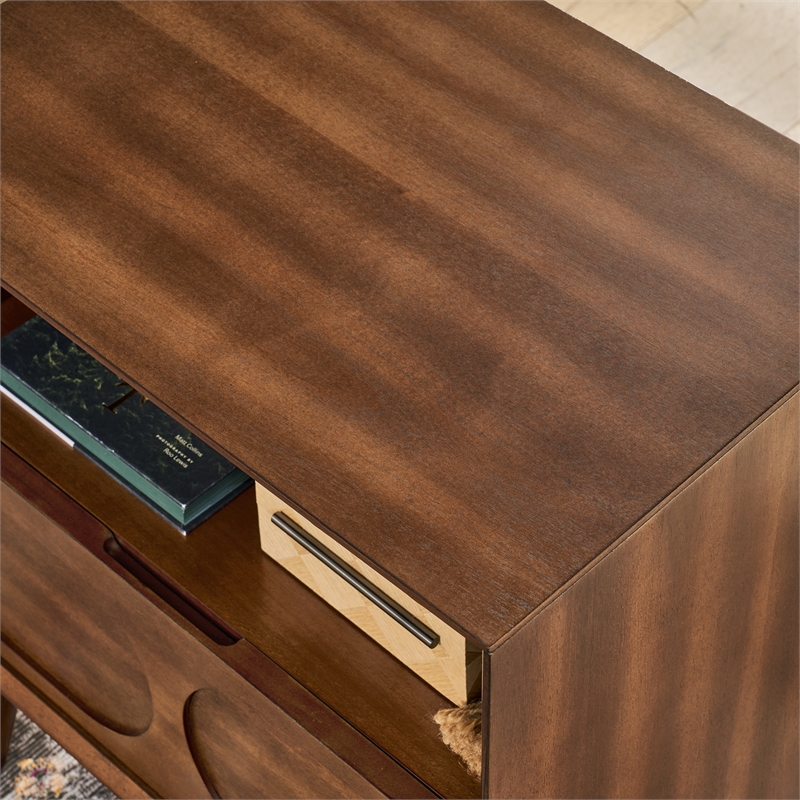 Pemberly Row Brown Wood Nightstand with USB Ports Drawer and Open Shelf