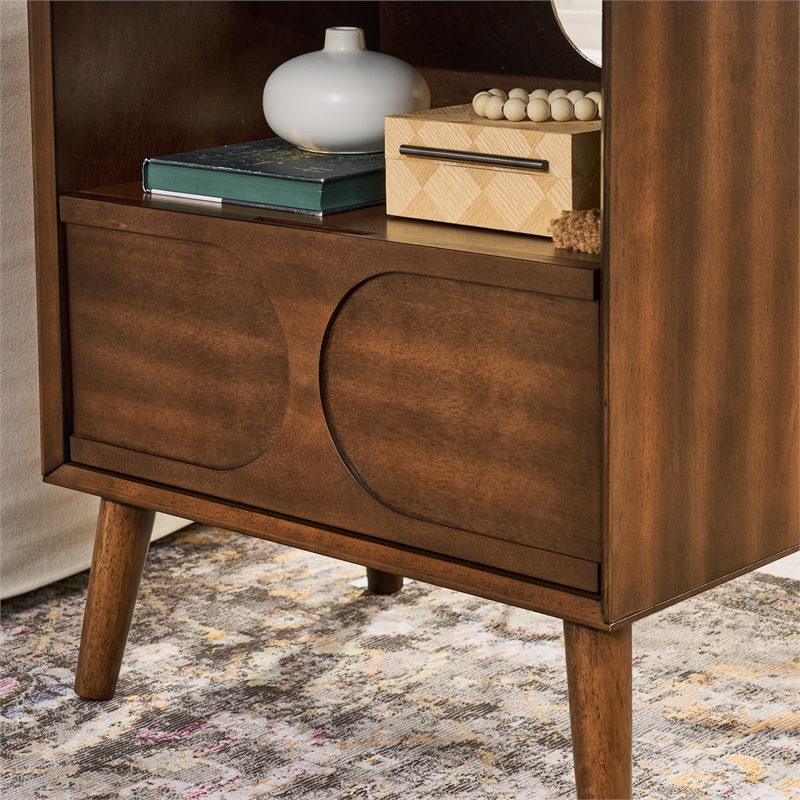 Pemberly Row Brown Wood Nightstand with USB Ports Drawer and Open Shelf