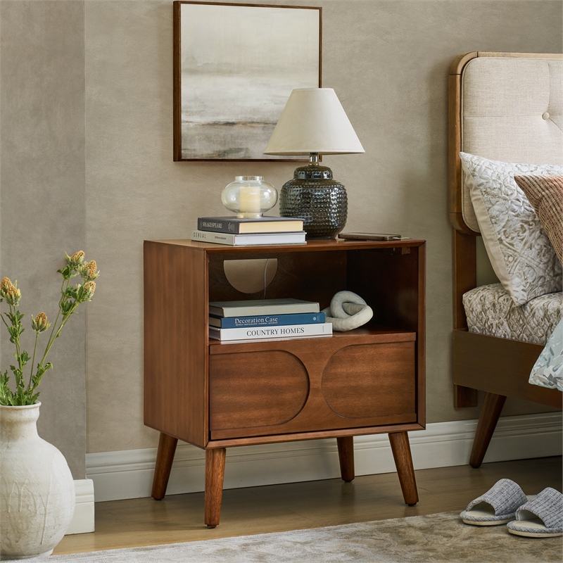 Pemberly Row Brown Wood Nightstand with USB Ports Drawer and Open Shelf