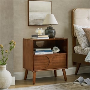 Pemberly Row Brown Wood Nightstand with USB Ports Drawer and Open Shelf