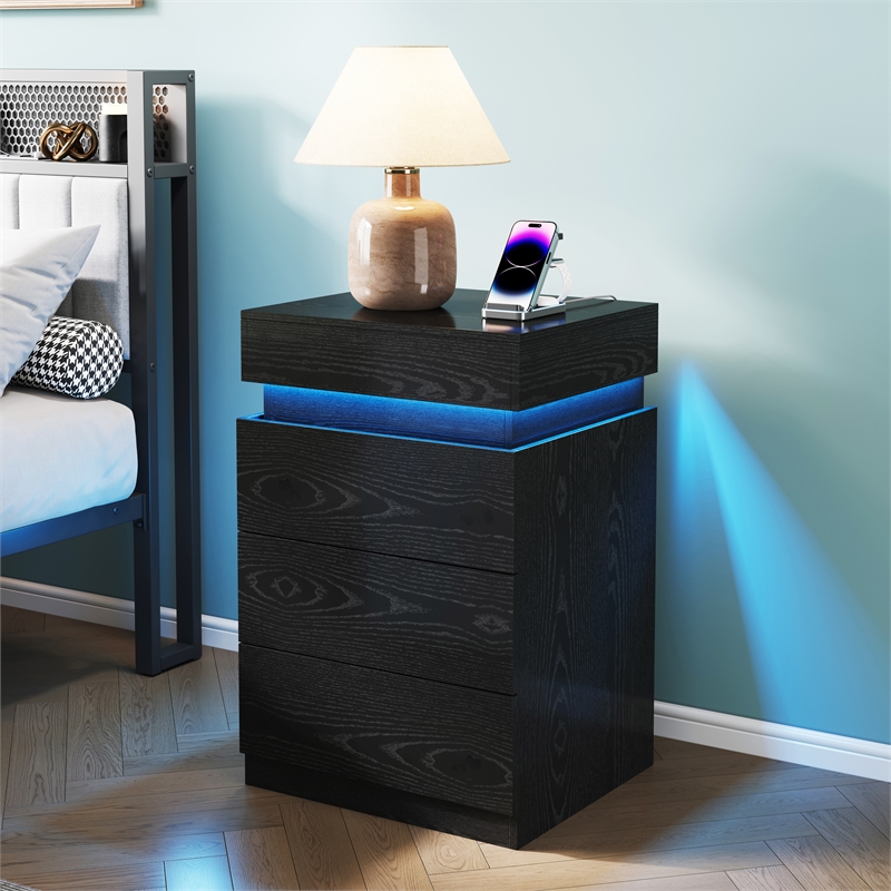 Pemberly Row Black 3-Drawer Nightstand with Charging Station and RGB LED