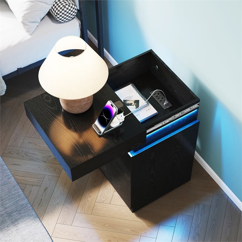 Pemberly Row Black 3-Drawer Nightstand with Charging Station and RGB LED