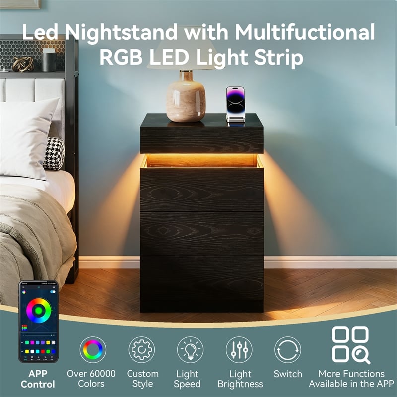 Pemberly Row Black 3-Drawer Nightstand with Charging Station and RGB LED
