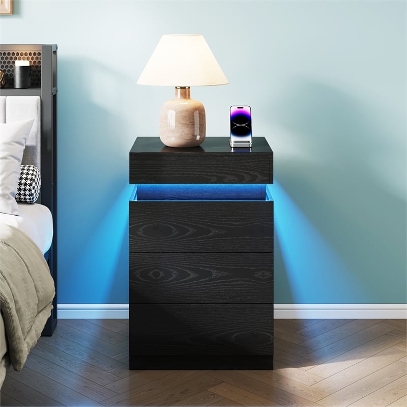 Pemberly Row Black 3-Drawer Nightstand with Charging Station and RGB LED