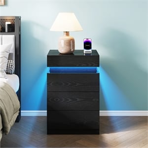 Pemberly Row Black 3-Drawer Nightstand with Charging Station and RGB LED