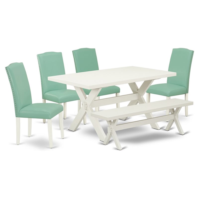 Pemberly Row X-Style 6-Piece Dining Set in Linen White Finish with Bench