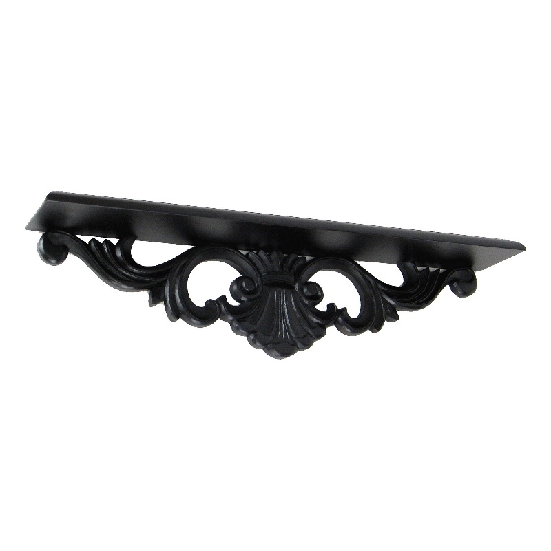 Pemberly Row Hand Carved Cedar Wall Shelf with Floral Design in Black