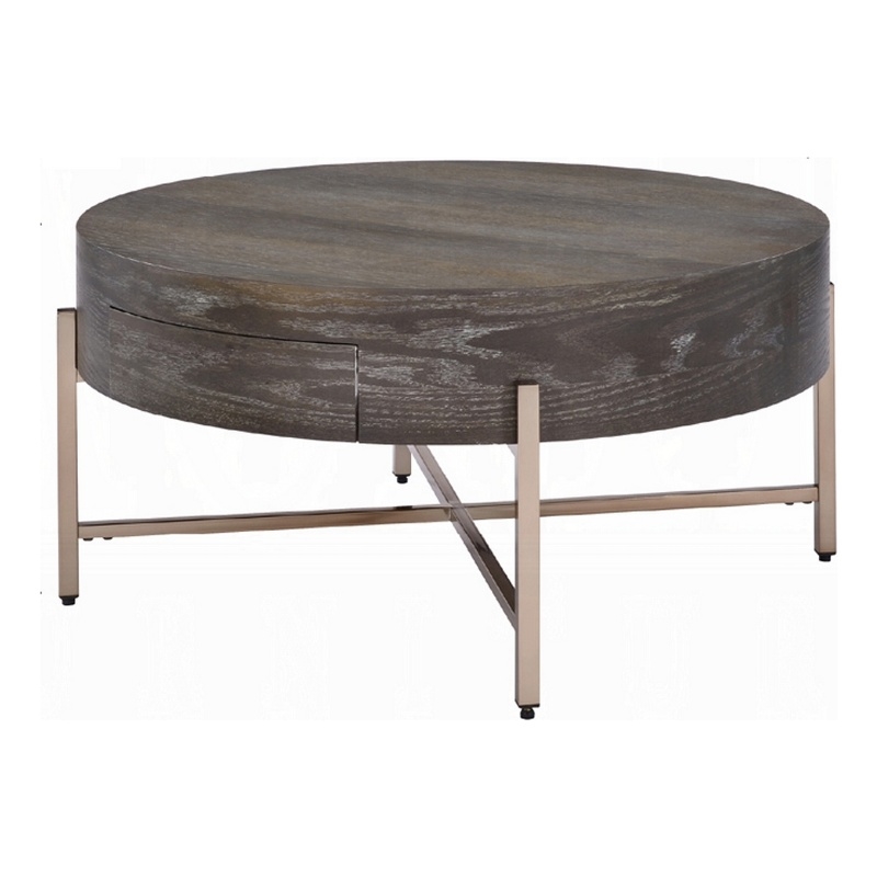 Pemberly Row 1 Drawer Round Coffee Table with Metal Legs in Brown & Gold