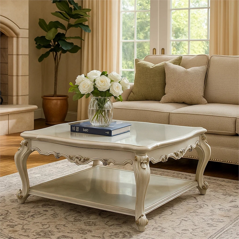 Pemberly Row Scalloped Top Coffee Table with Queen Anne Legs in White