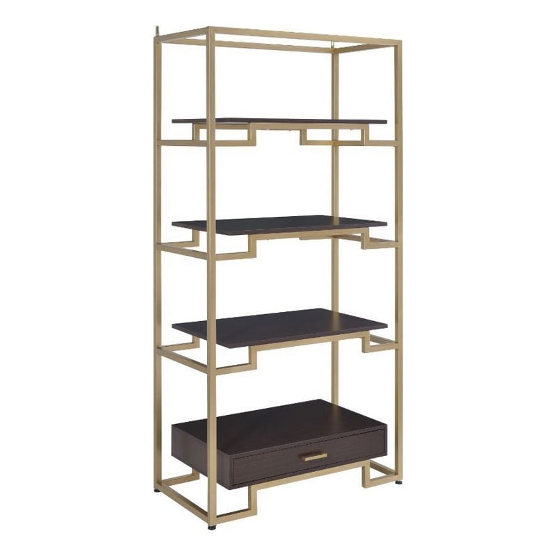 Pemberly Row Wood Bookshelf with 3 Shelves and Drawer in Brown and Gold