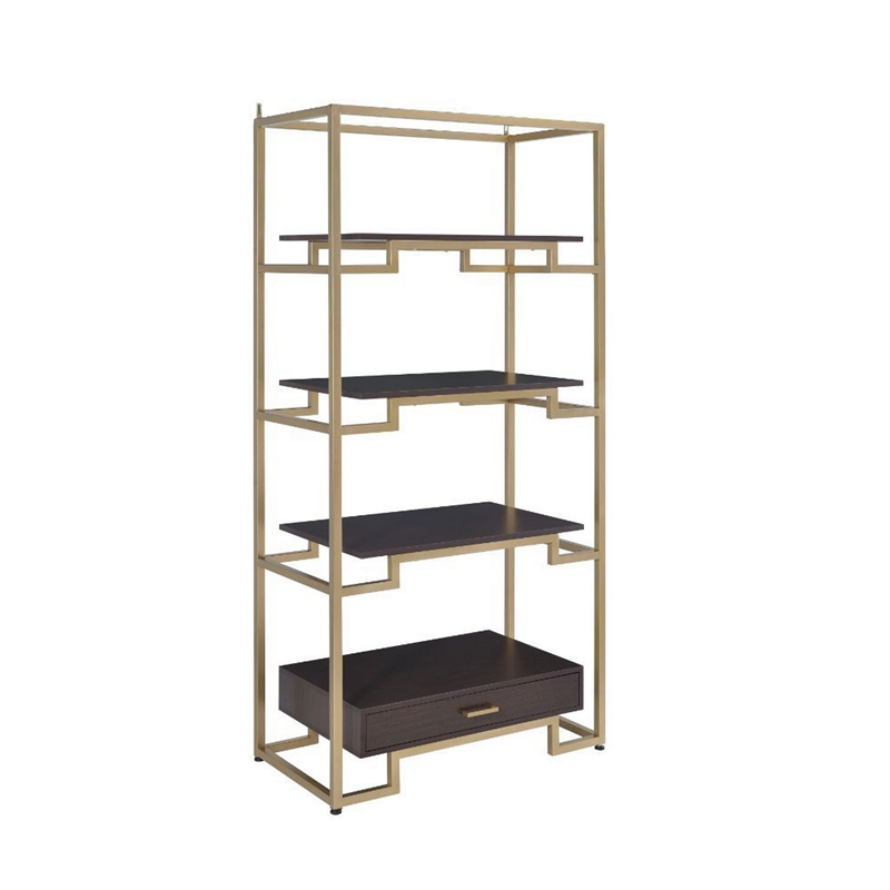 Pemberly Row Wood Bookshelf with 3 Shelves and Drawer in Brown and Gold