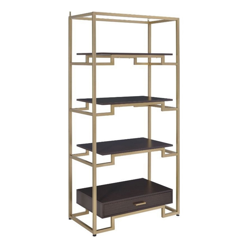 Pemberly Row Wood Bookshelf with 3 Shelves and Drawer in Brown and Gold