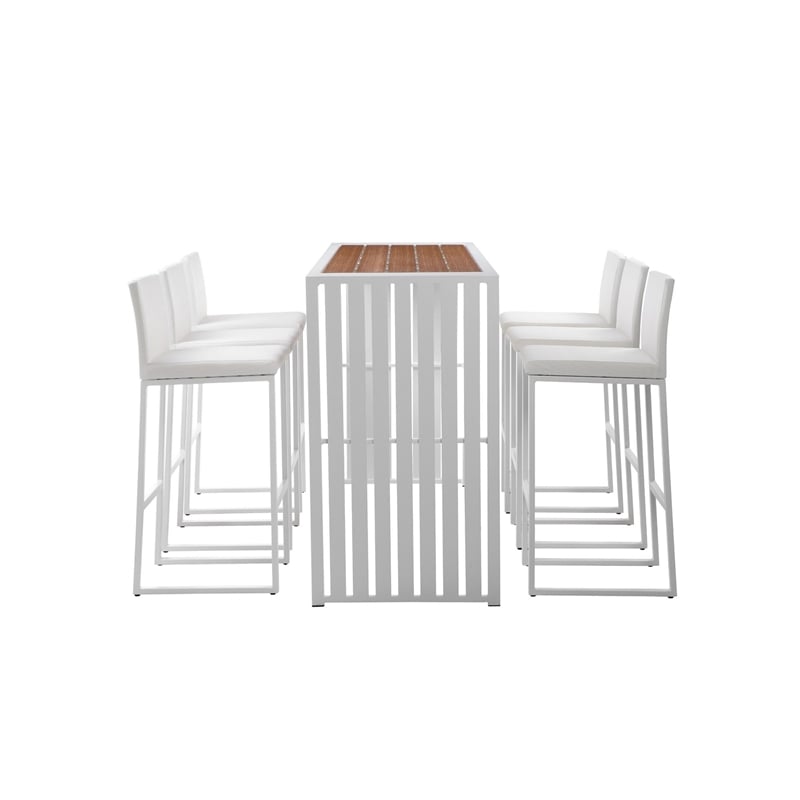 Pemberly Row 7 Piece Metal and Polyresin Outdoor Bar Set in Brown and White