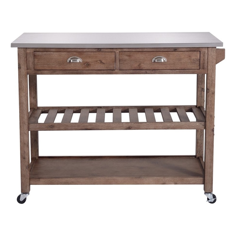 Pemberly Row 2 Drawer Kitchen Cart with Metal Top and Casters in Gray/Brown