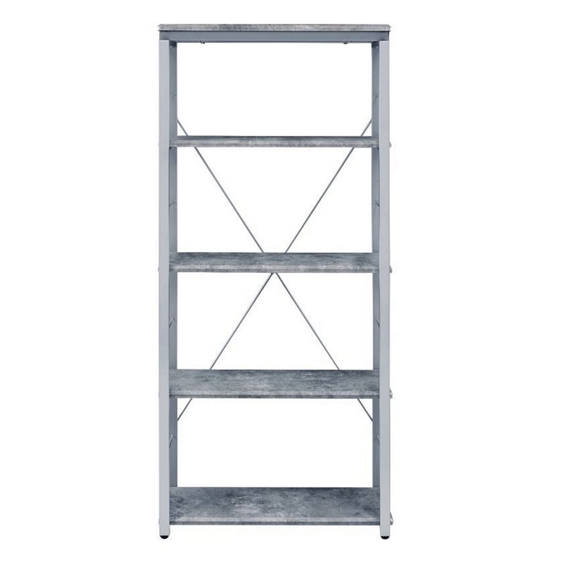Pemberly Row Bookshelf with 4 Shelves and X Shape Frame in Silver and Gray