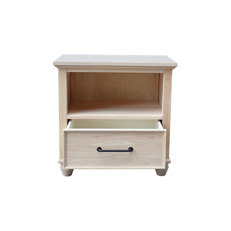 Pemberly Row Solid Parawood 1-Drawer Unfinished Nightstand with Open Shelf