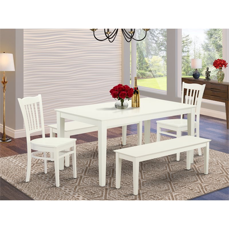 Pemberly Row 5-Piece Wood Dining Set with 2 Benches in Linen White
