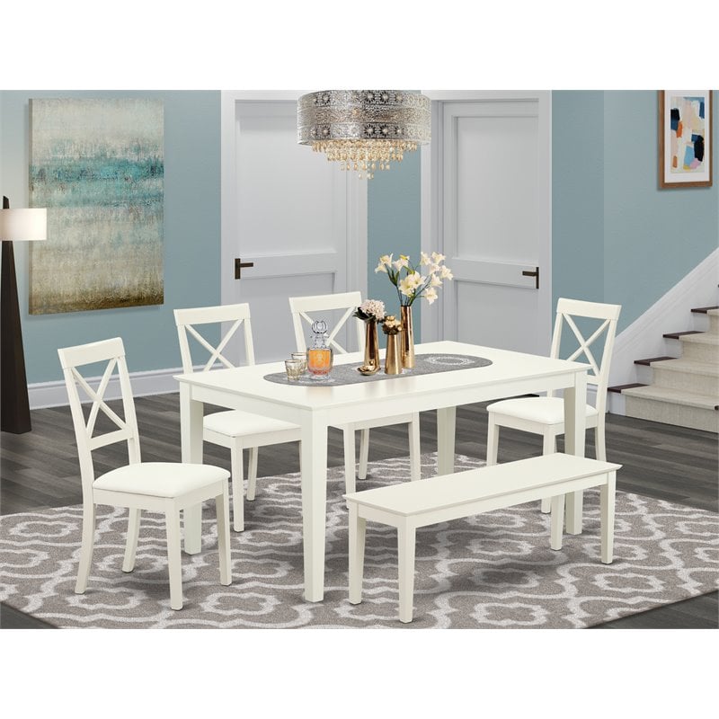 Pemberly Row 6-Piece Wood Dining Table Set in Linen White with Bench