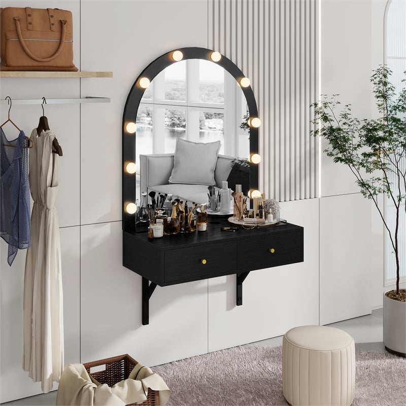 Pemberly Row Wall Mounted Floating Makeup Vanity with LED Mirror in Black