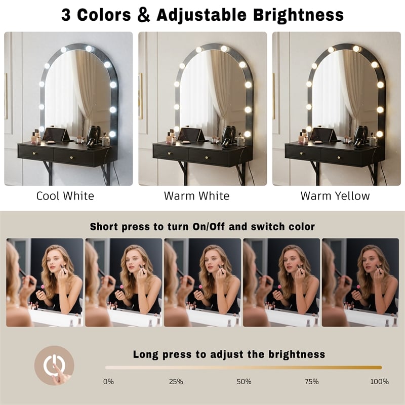 Pemberly Row Wall Mounted Floating Makeup Vanity with LED Mirror in Black