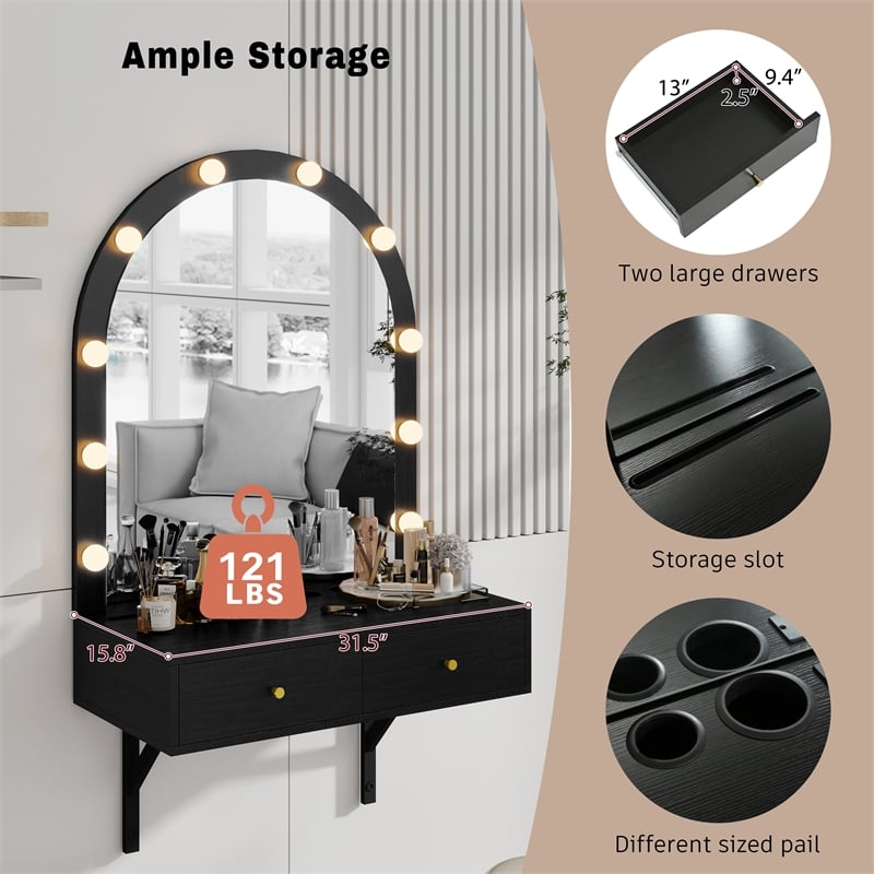 Pemberly Row Wall Mounted Floating Makeup Vanity with LED Mirror in Black