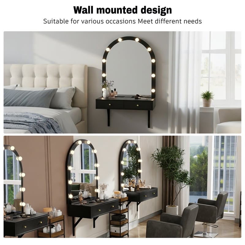 Pemberly Row Wall Mounted Floating Makeup Vanity with LED Mirror in Black