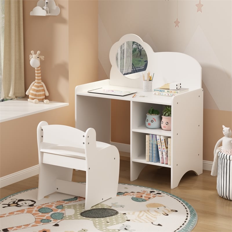 Pemberly Row White MDF Kids Vanity Table with Mirror Chair and Shelves