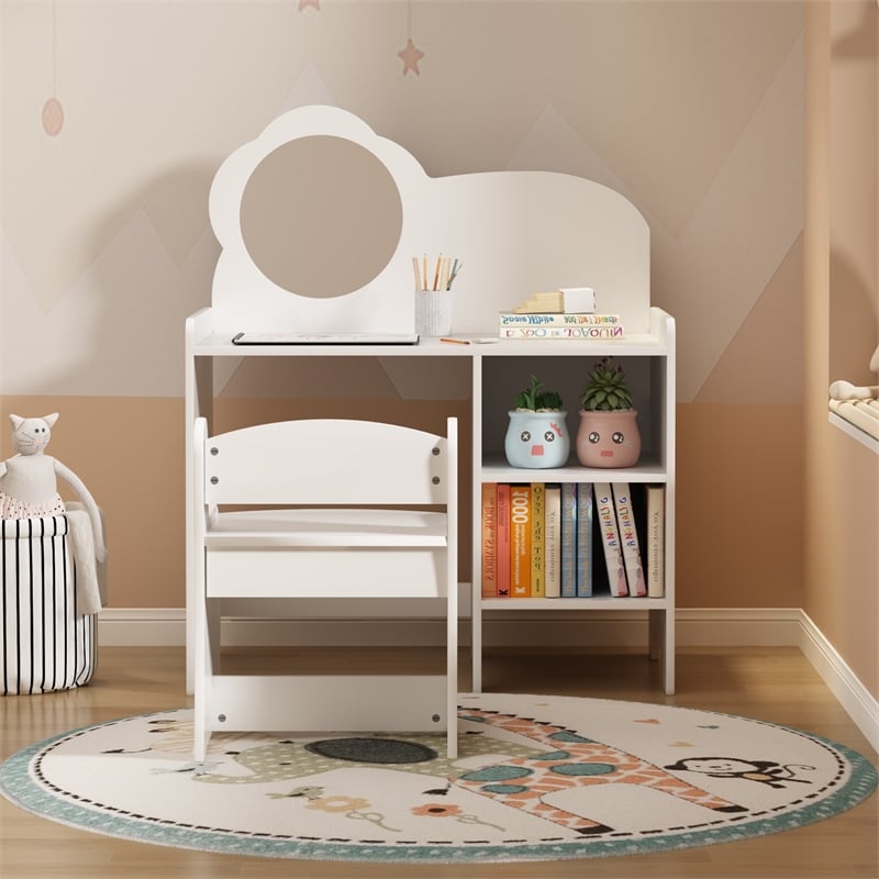 Pemberly Row White MDF Kids Vanity Table with Mirror Chair and Shelves