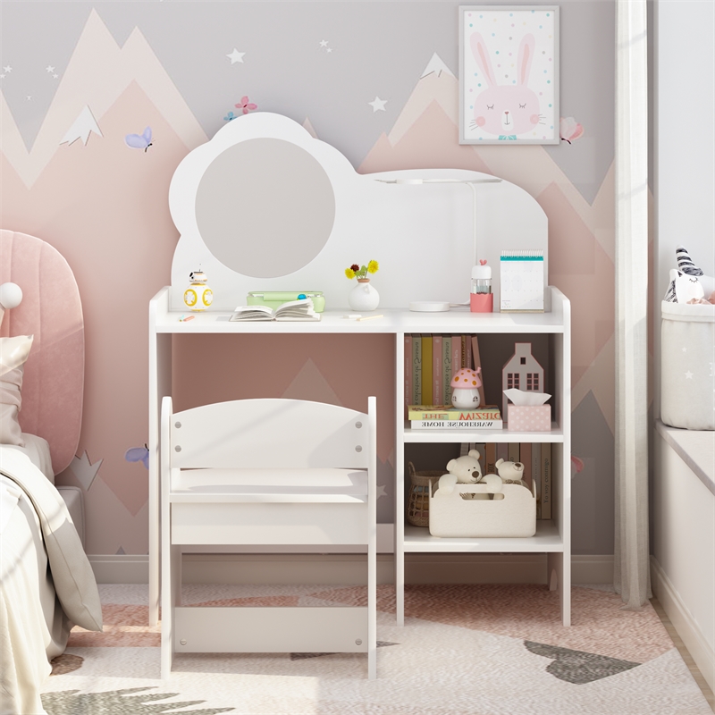 Pemberly Row White MDF Kids Vanity Table with Mirror Chair and Shelves