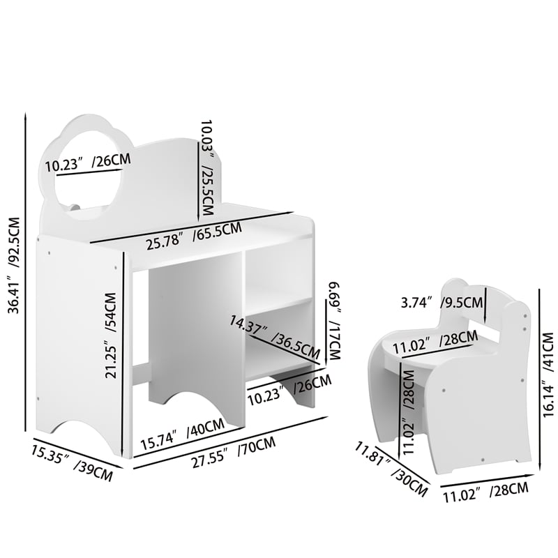 Pemberly Row White MDF Kids Vanity Table with Mirror Chair and Shelves