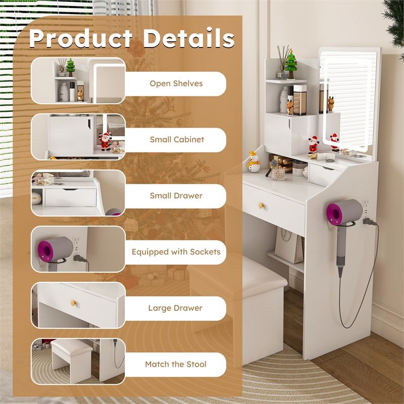Pemberly Row White MDF LED Vanity Dressing Table with 7 Storage Cabinets