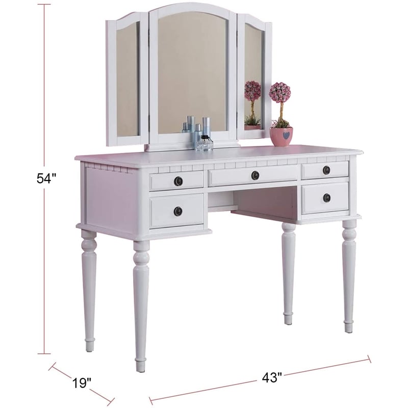 Pemberly Row White Solid Wood Bedroom Vanity Set with Foldable Mirror