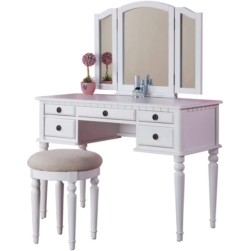 Pemberly Row White Solid Wood Bedroom Vanity Set with Foldable Mirror