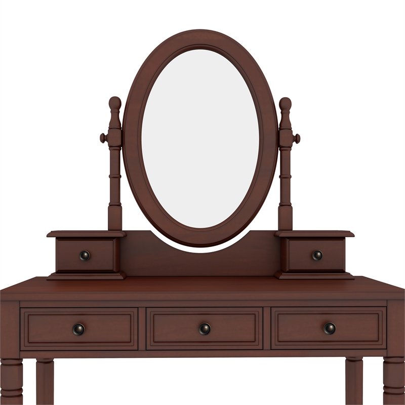 Pemberly Row Walnut Wood Vintage Vanity Desk Set with Mirror and 5 Drawers