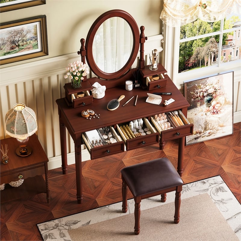 Pemberly Row Walnut Wood Vintage Vanity Desk Set with Mirror and 5 Drawers