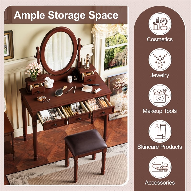 Pemberly Row Walnut Wood Vintage Vanity Desk Set with Mirror and 5 Drawers