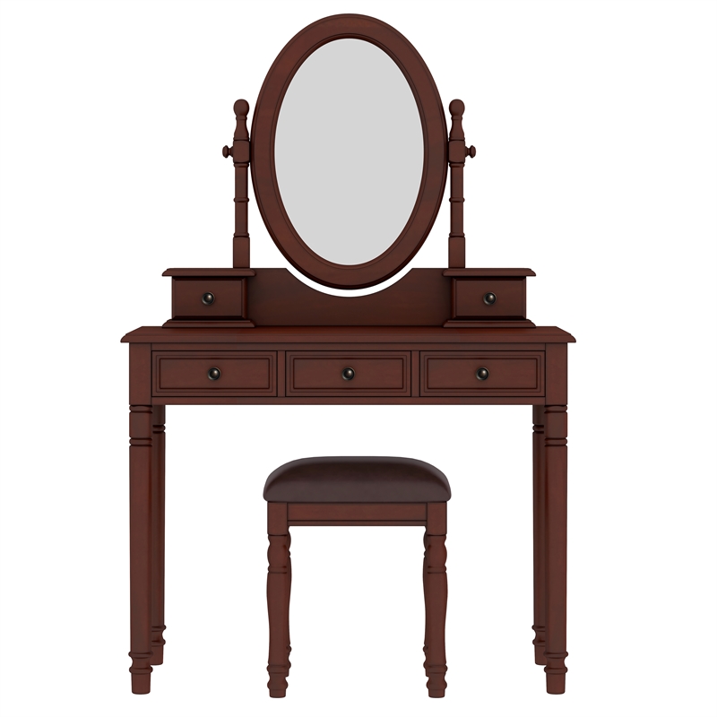 Pemberly Row Walnut Wood Vintage Vanity Desk Set with Mirror and 5 Drawers