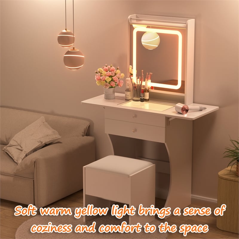 Pemberly Row White MDF Small Space Vanity Set with Foldable Side Tables