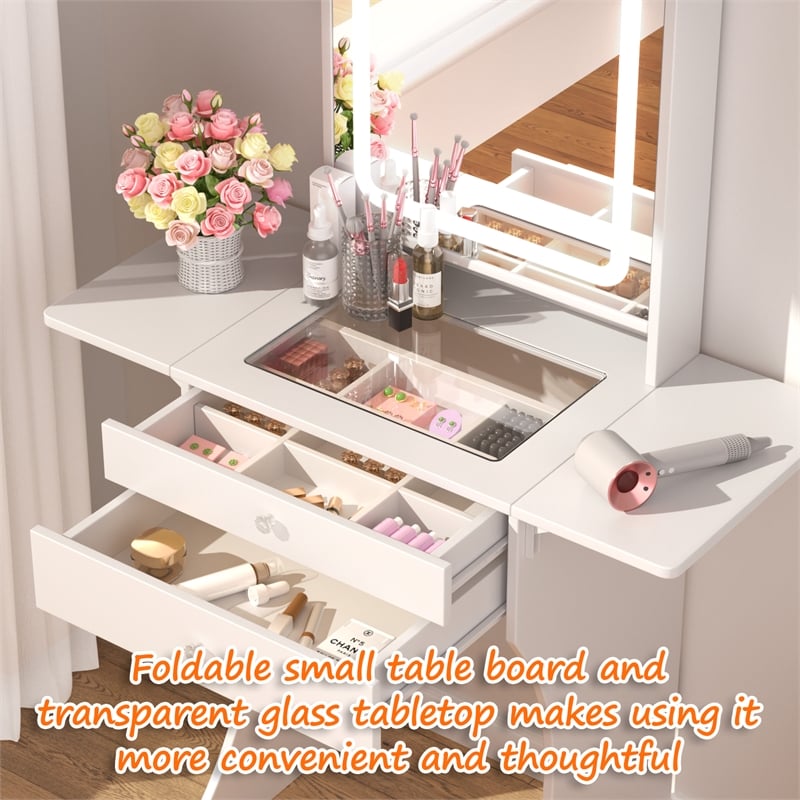 Pemberly Row White MDF Small Space Vanity Set with Foldable Side Tables