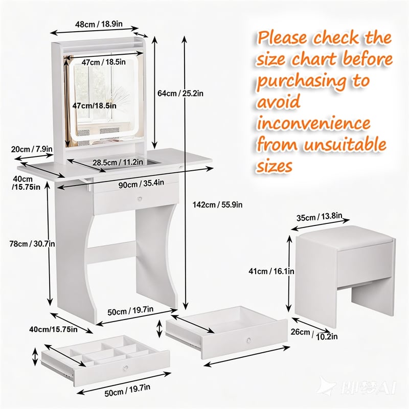 Pemberly Row White MDF Small Space Vanity Set with Foldable Side Tables