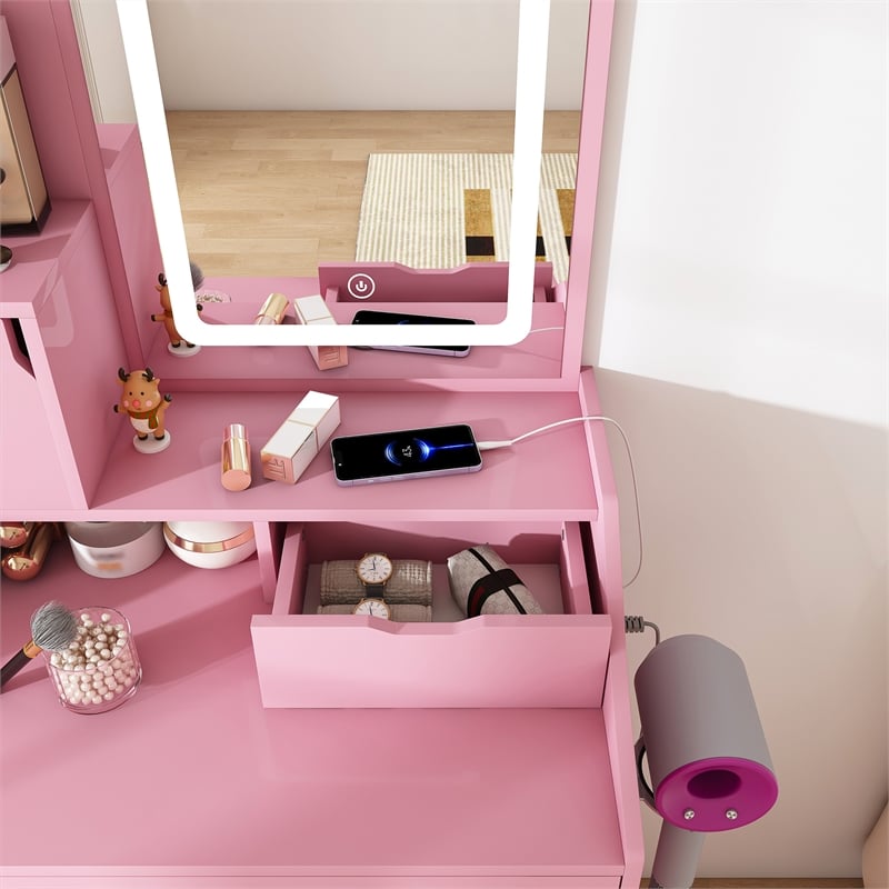 Pemberly Row Pink MDF LED Vanity Dressing Table with Stool and Cabinets