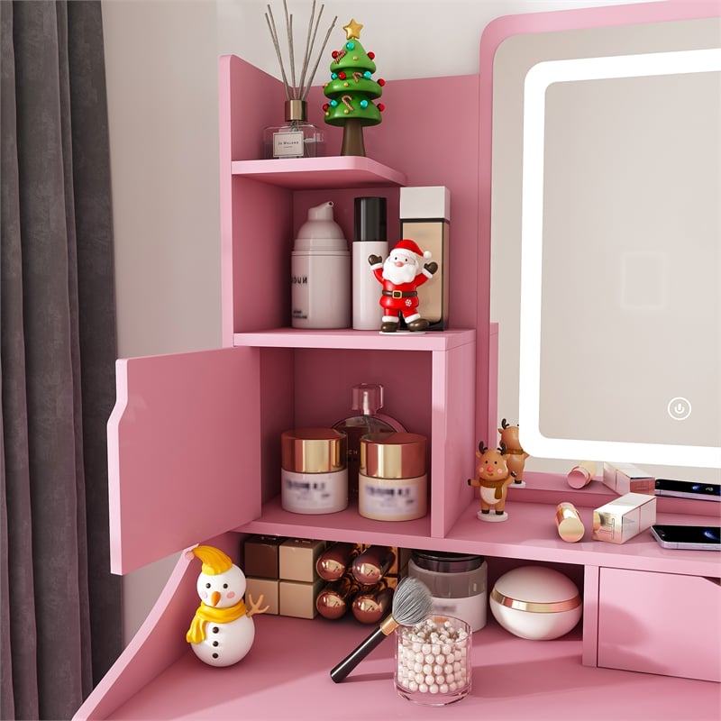 Pemberly Row Pink MDF LED Vanity Dressing Table with Stool and Cabinets