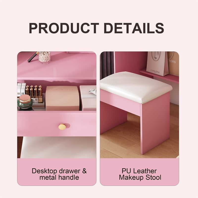 Pemberly Row Pink MDF LED Vanity Dressing Table with Stool and Cabinets
