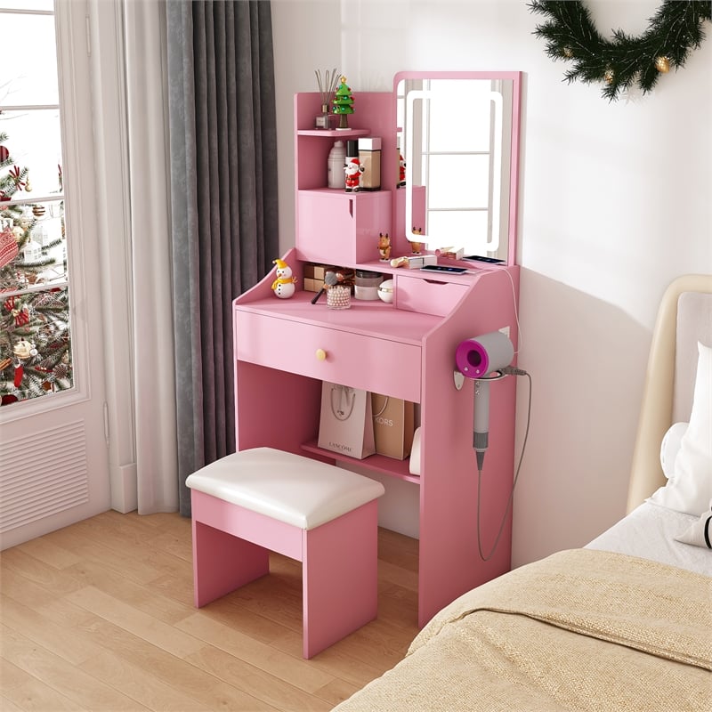 Pemberly Row Pink MDF LED Vanity Dressing Table with Stool and Cabinets