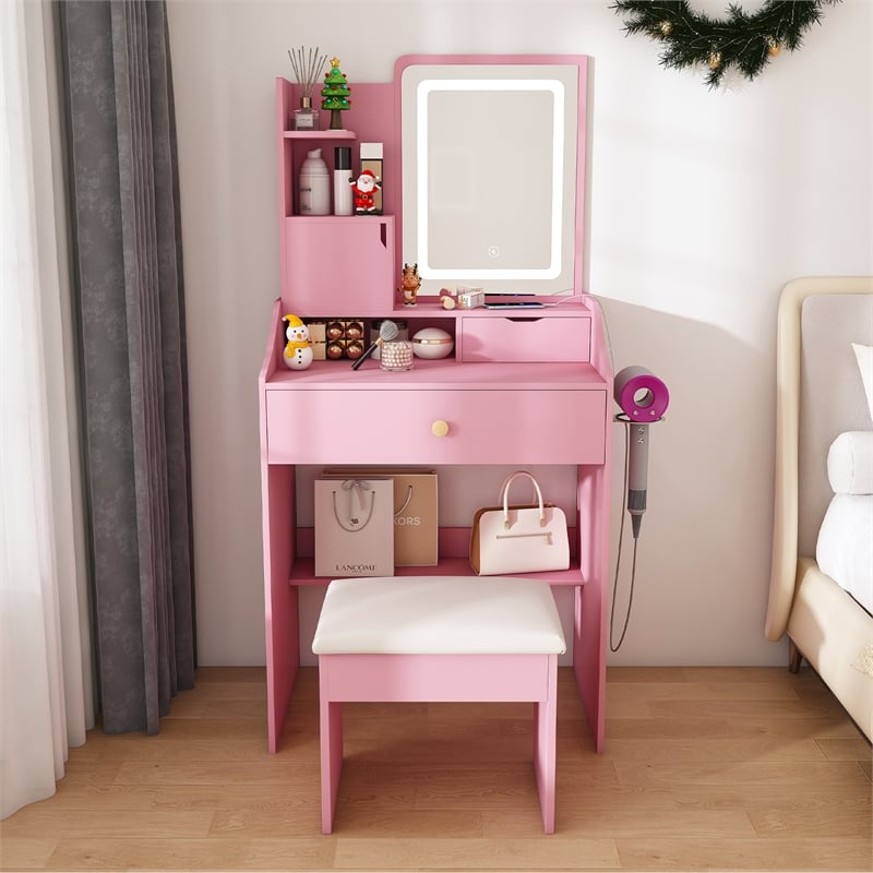 Pemberly Row Pink MDF LED Vanity Dressing Table with Stool and Cabinets