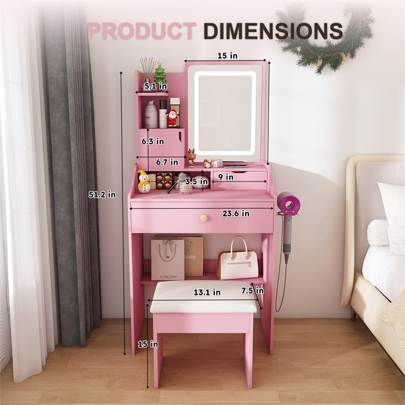 Pemberly Row Pink MDF LED Vanity Dressing Table with Stool and Cabinets