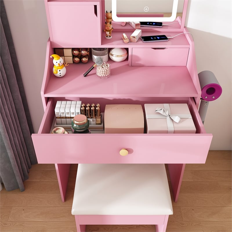 Pemberly Row Pink MDF LED Vanity Dressing Table with Stool and Cabinets