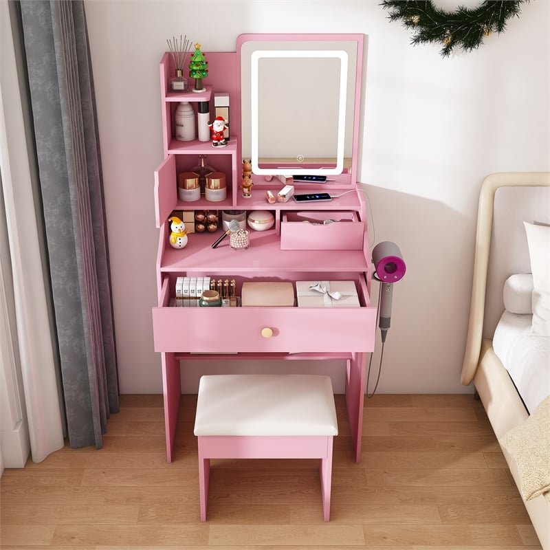 Pemberly Row Pink MDF LED Vanity Dressing Table with Stool and Cabinets